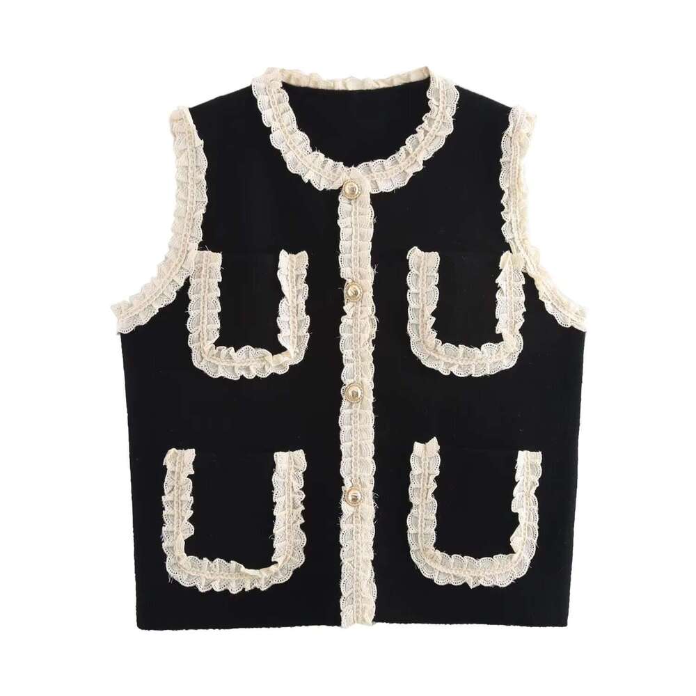 DHEssentials 2025 Autumn New French Style Lace Sweet Knitted Sleeveless Cardigan Vest