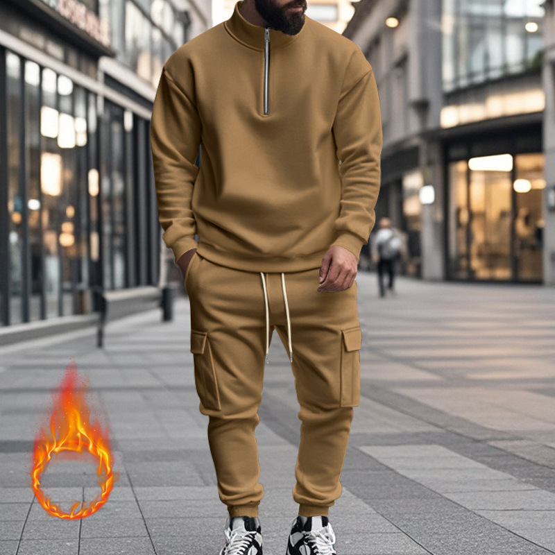 Designer tracksuit Men's Fleece-Lined Casual Workwear Pants Set with Zip Jacket EU Size: S-3XL