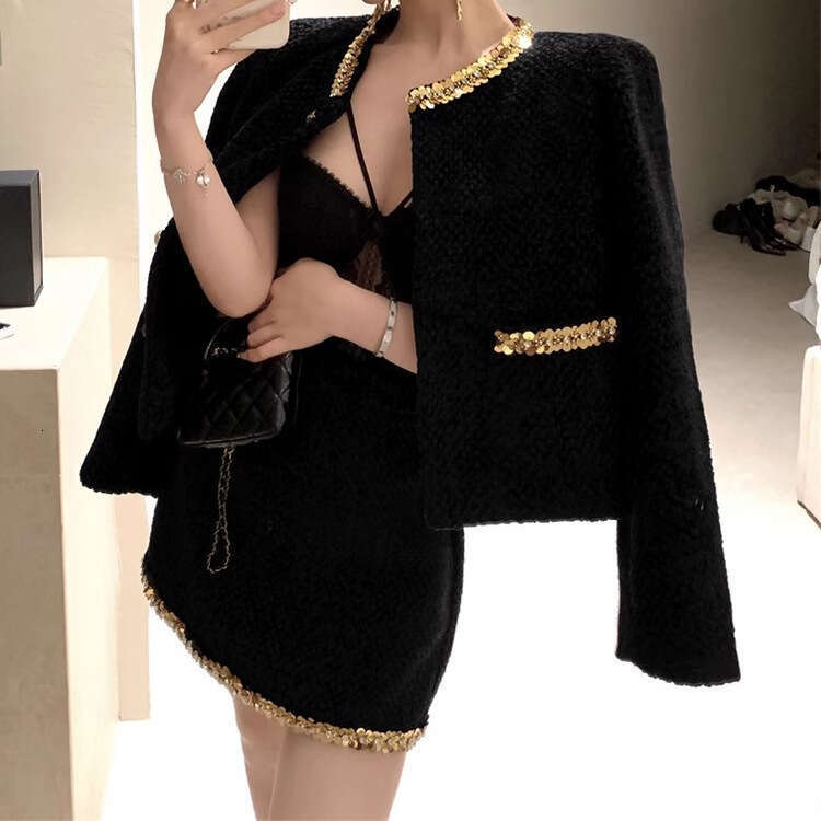 DHEssentials French Rich Lady Socialite Little Chanel Style Set 2025 Autumn Winter New Black Sequin Woolen Blazer for Women