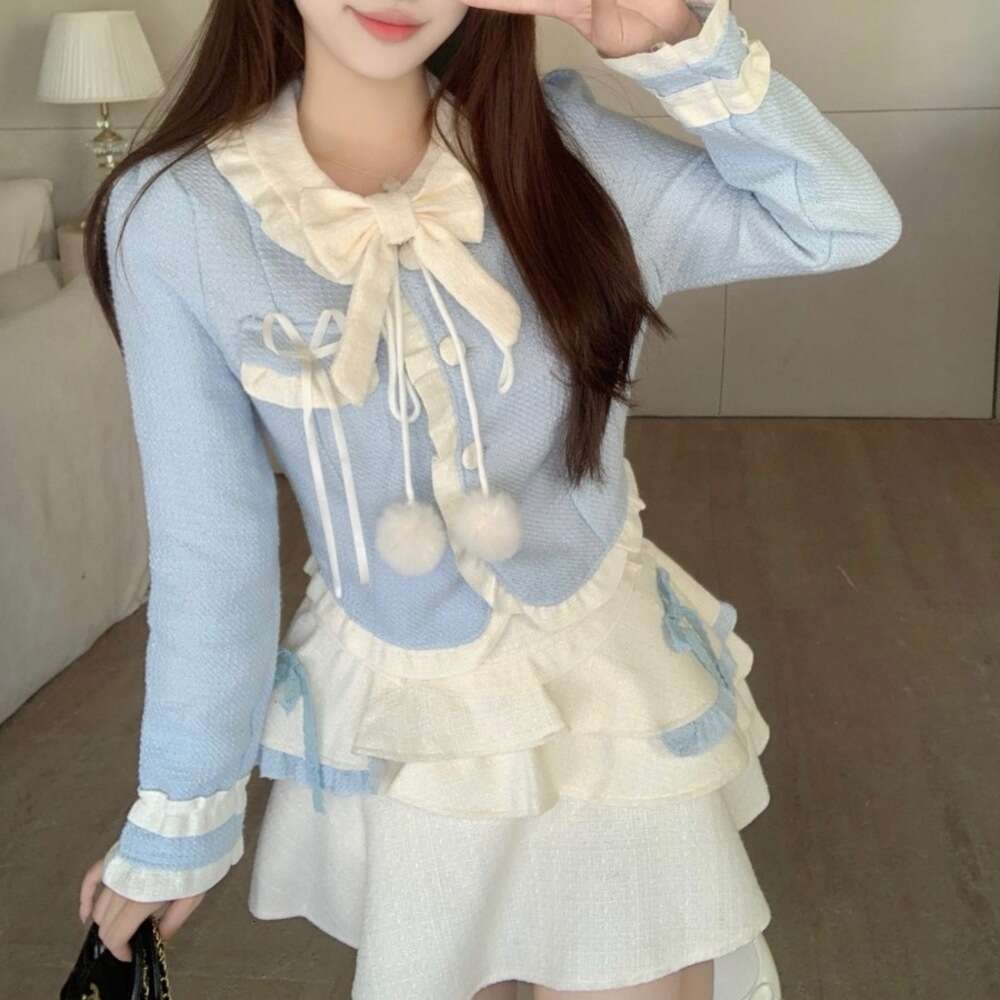 DHEssentials 2025 New Sweet Little Chanel Style Milk Blue Bow Top Puffy Cake Short Skirt Women Autumn Winter Slimming Two-Piece Set