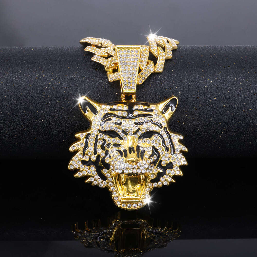 Cool 3D Full Dia New Oil Painting Tiger Head Pendant Trendy Personality Men's Hip-Hop Necklace