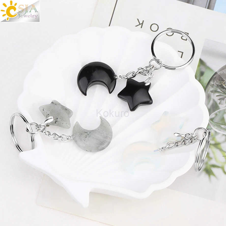 CSJA Healing Natural Stone Keychain Trendy Moon Star Charm Bead Pendant Silver Color Holder Key Ring Car Key Ring Bag Decor H368 M250912