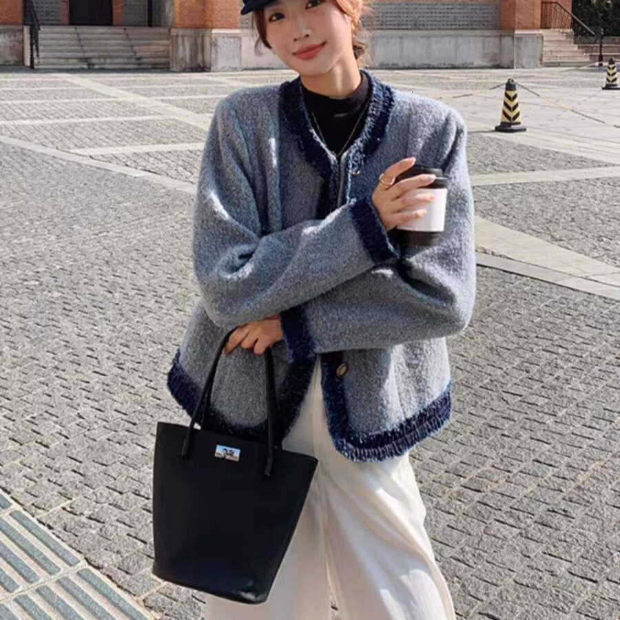 DHEssentials French Style Chanel-Inspired Coat with Fleece Lining, Thickened Blue Winter Jacket, Elegant and Warm High-End Feel Women's Top