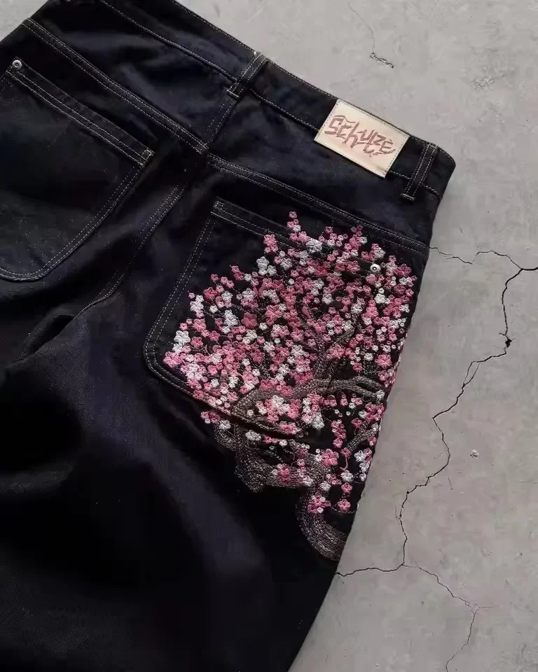 Sakura Embroidered Jeans Wide-leg Pants Y2K Low-waist Hip-hop Clothing Men Women Decorated with Loose Jeans Vintage Style