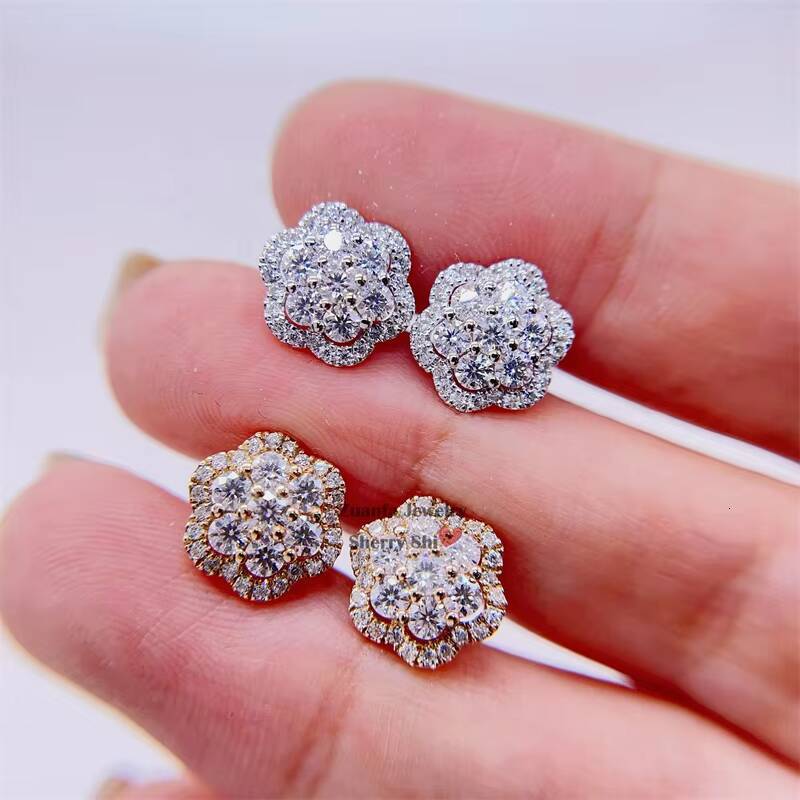 Iced Out Hip Hop Pass Diamond Tester Men 10k Gold Flower Cluster Earrings Vvs Moissanite Earrings Stud