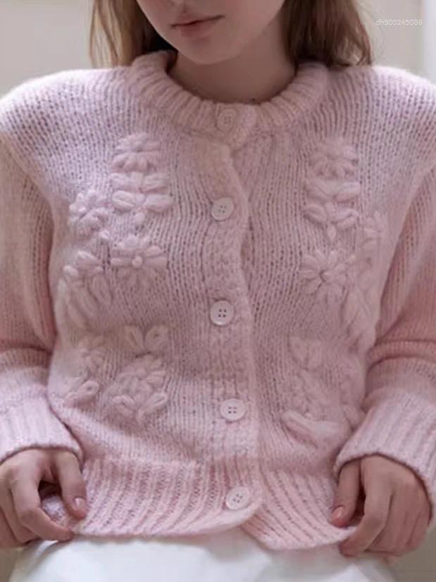 Women's Wool Korean Sle High-End Sweater Jaet Sweet 3D Flower Round Ne Knitted Open Cardigan Top For Autumn Season