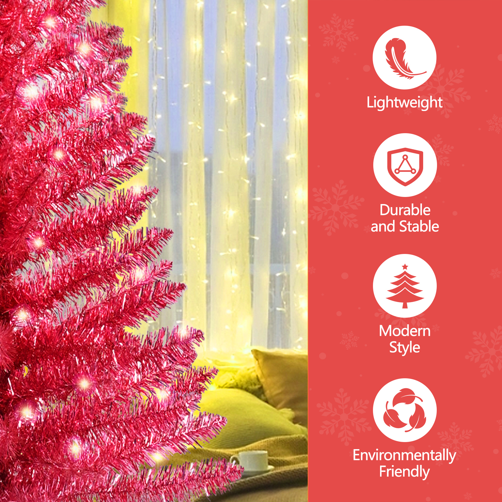 Compact Red-Gold Holiday Tree Decorated with 50 LEDs Ideal for Office Use, Perfect for Small Spaces