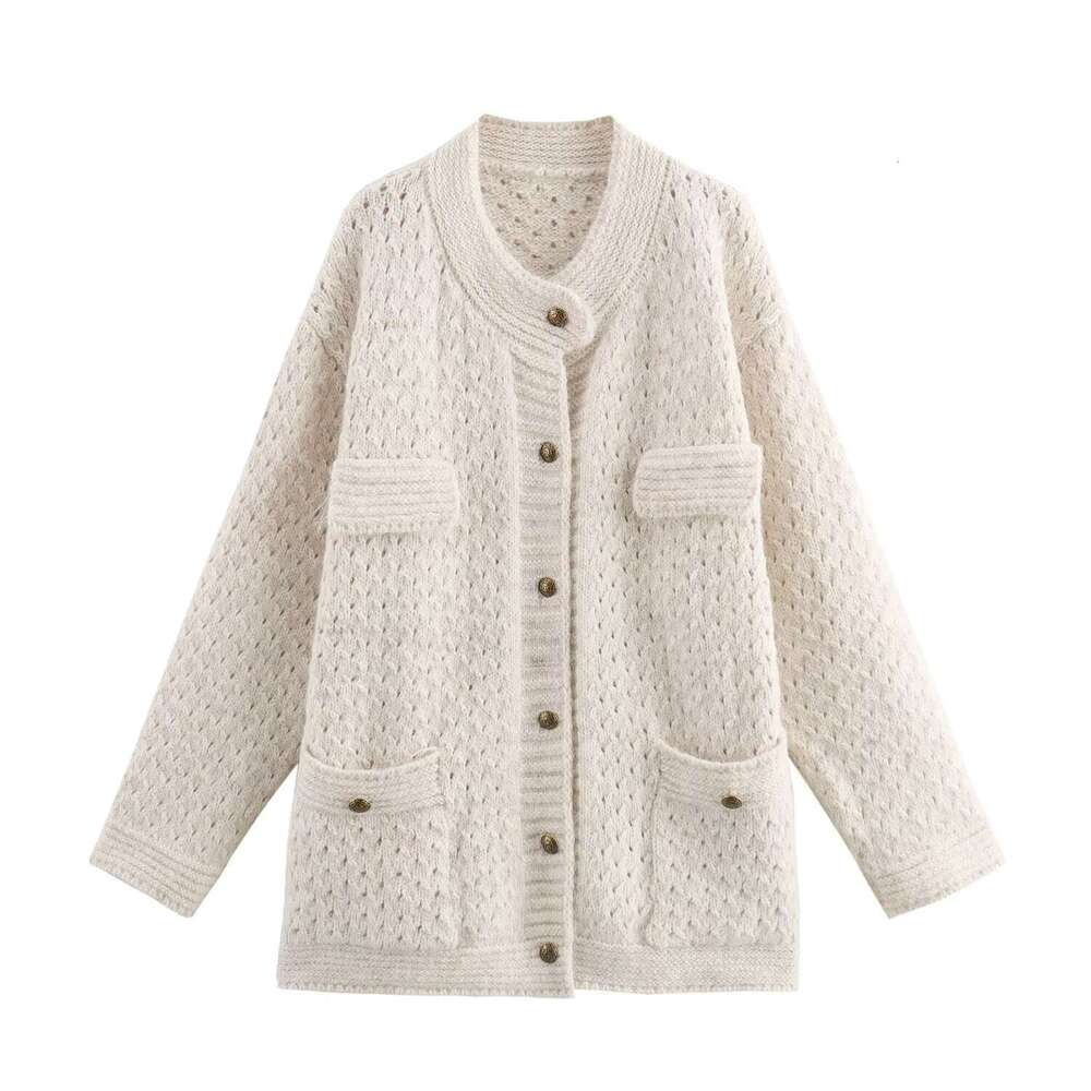 DHEssentials 2025 Autumn New French Style Loose Versatile Pocket Knitted Cardigan Sweater Jacket
