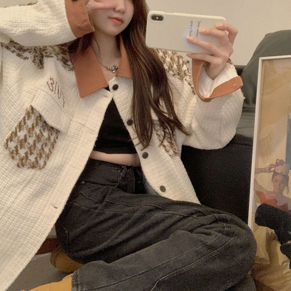 DHEssentials 2025 Long Sleeve Thickened Top Little Chanel Style High-end Houndstooth Color-blocking Baseball Jacket Women's Winter Clothing