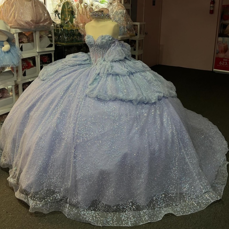 Light Blue Shiny Ball Gown Quinceanera Dresses Off The Shoulder Beading Crystal Tiered Tull Party Birthday Sweet 16 Dress Vestidos 15 De Anos