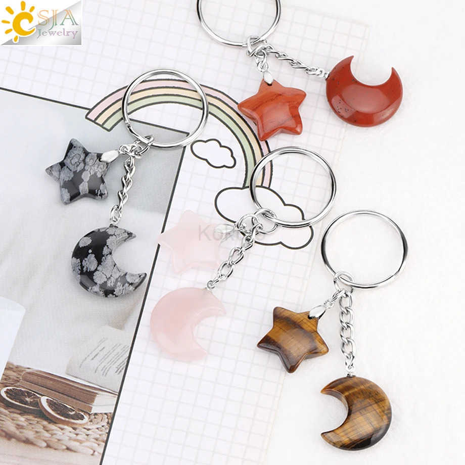 CSJA Healing Natural Stone Keychain Trendy Moon Star Charm Bead Pendant Silver Color Holder Key Ring Car Key Ring Bag Decor H368 M250912