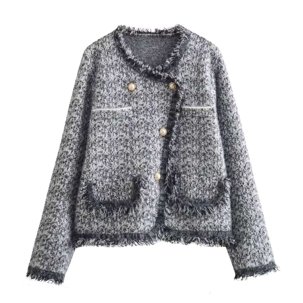 DHEssentials French Style High-End Diagonal Collar Anti-Mink Wool Gray Round Neck Knitted Cardigan