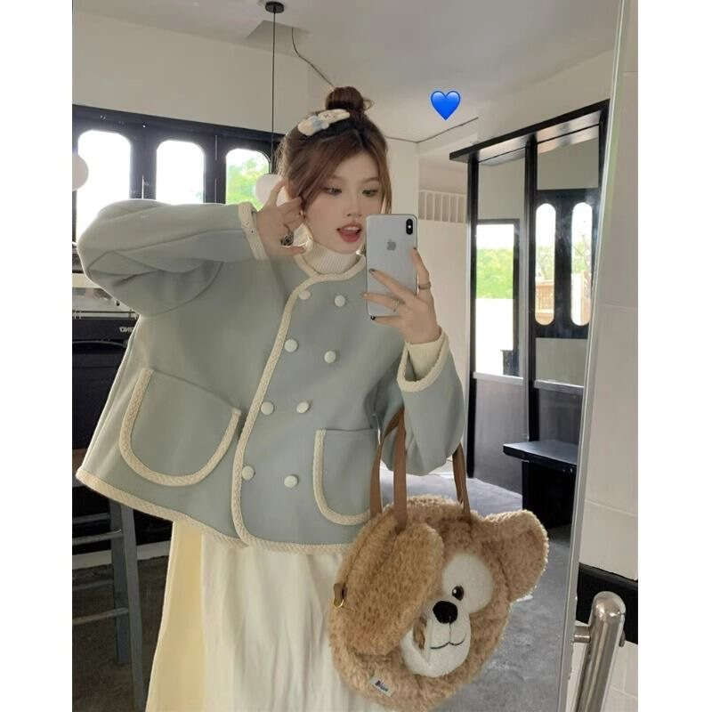 DHEssentials Autumn Winter New French Small Fragrance Color-Block Elegant Long-Sleeve Coat Women Gentle Style Apricot Dress Two-Piece Set