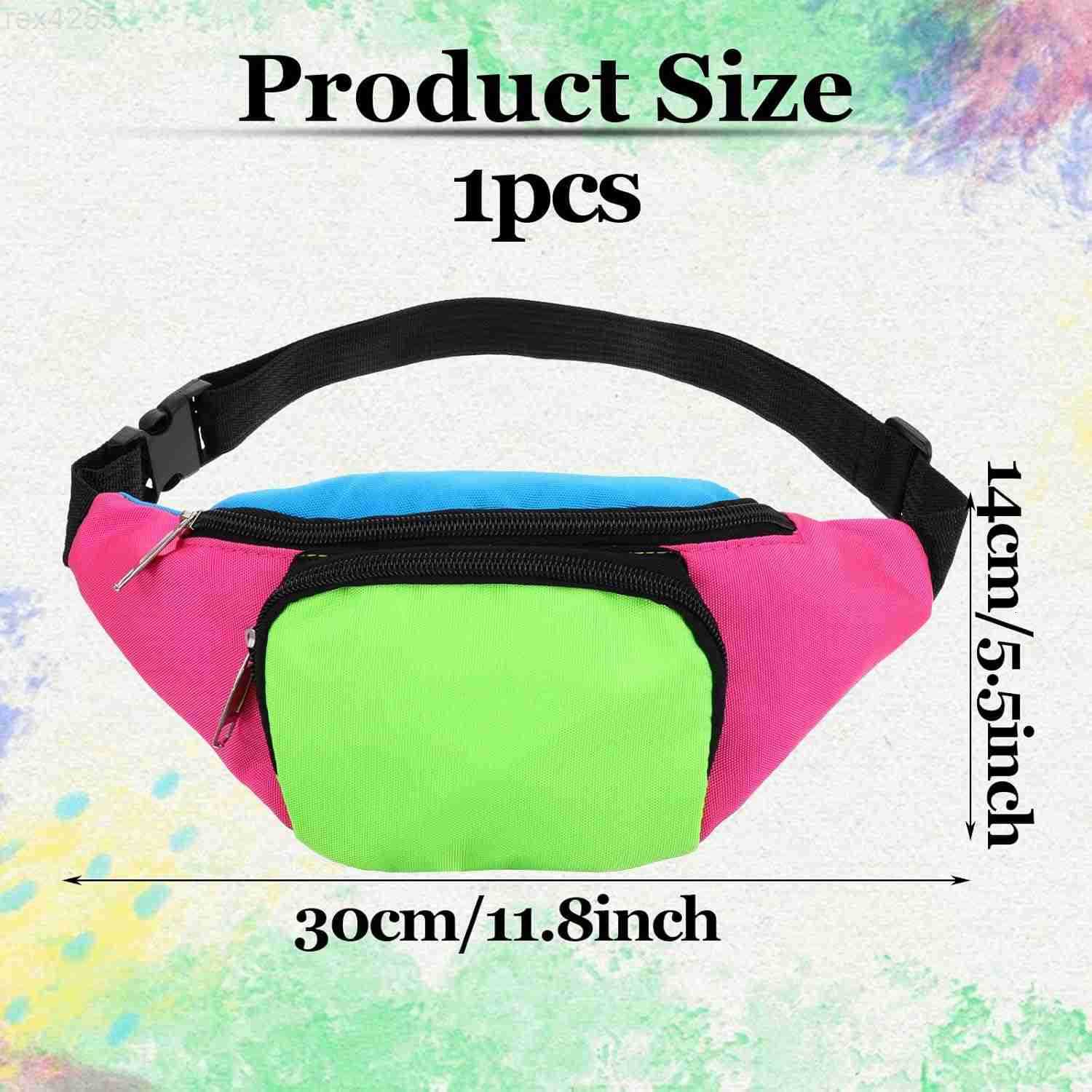 80s Neon Rave Fanny Pack with 2 Pockets Retro Belt Bag Waist Packs for Women Men Color blocked 80s Accessories Plus Size Belt Bag for Jogging Travelin