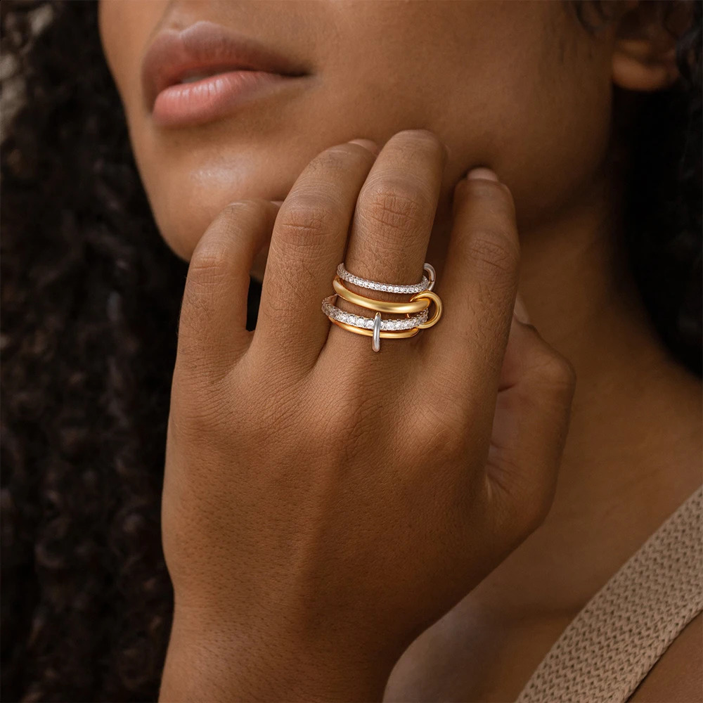 y Cubic Zirconia Gold Plating Multilayer Connecting Rings for Women Fashion Mixed Color Stackable Finger Ring Party Jewelry 250912