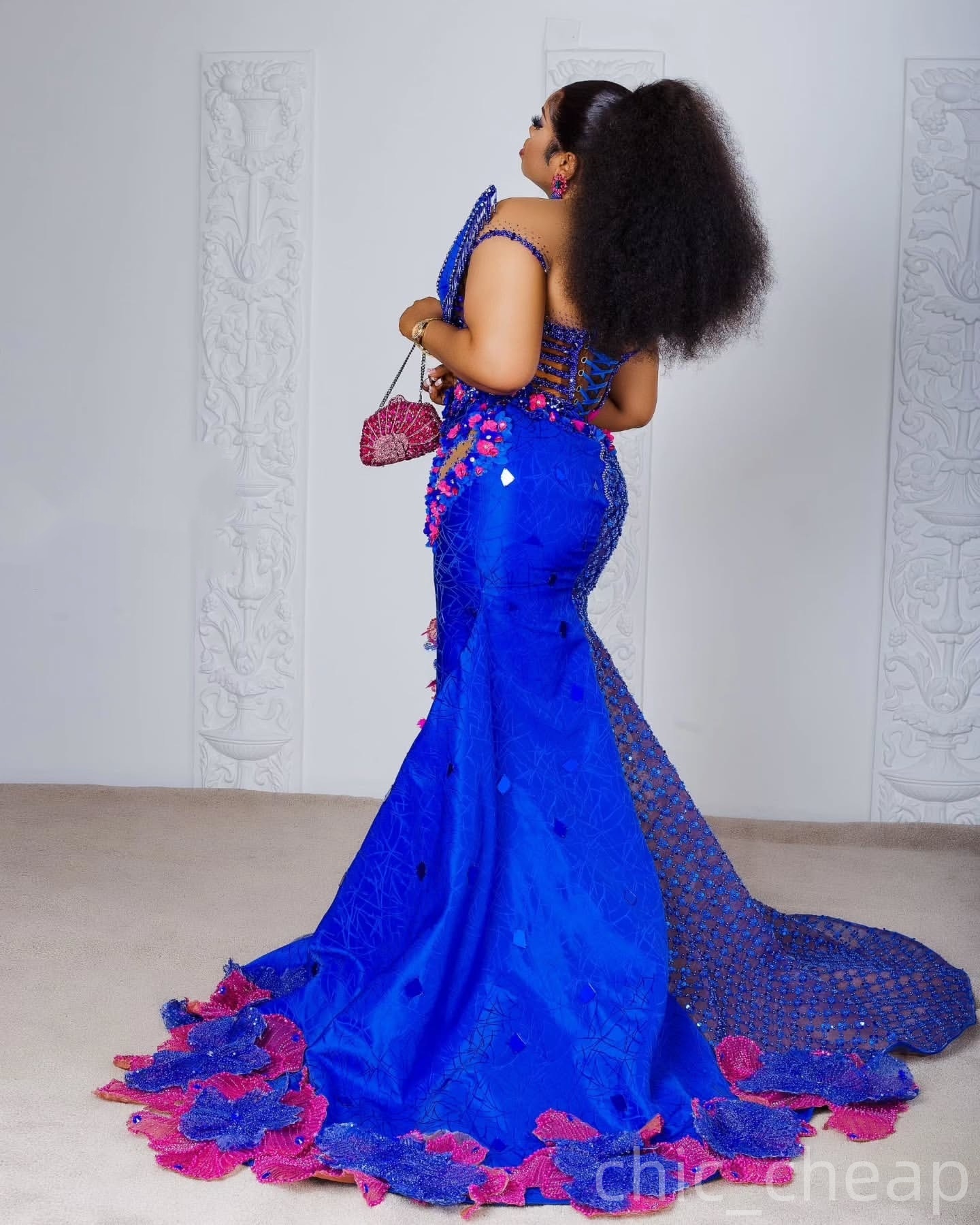 Aso Ebi Royal Blue Mermaid Prom Dresses 2025 Flowers Crystals Tassels Evening Formal Party Second Birthday Engagement Gowns Plus Size Dress For Specia