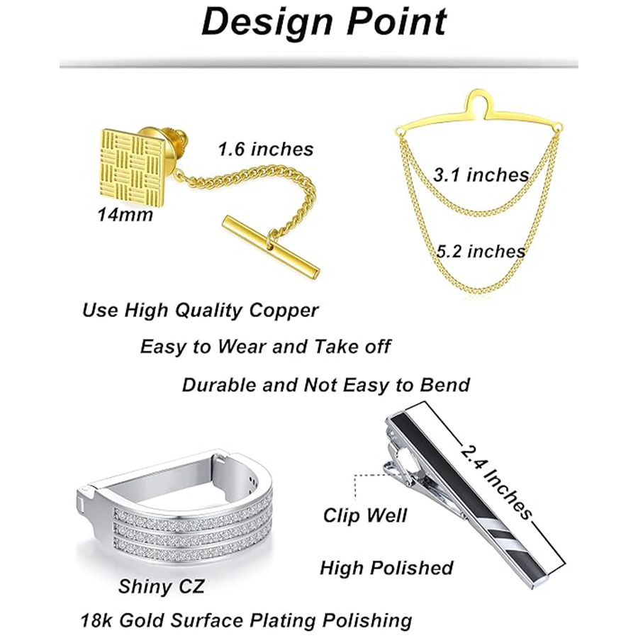 9Pcs Tie Clips Men Square CZ Tacks Clutch with Chain Necktie Silver Black Gold Tie Clips Link Chain Wedding Meeting Business Anniversary Tie Pin Clips