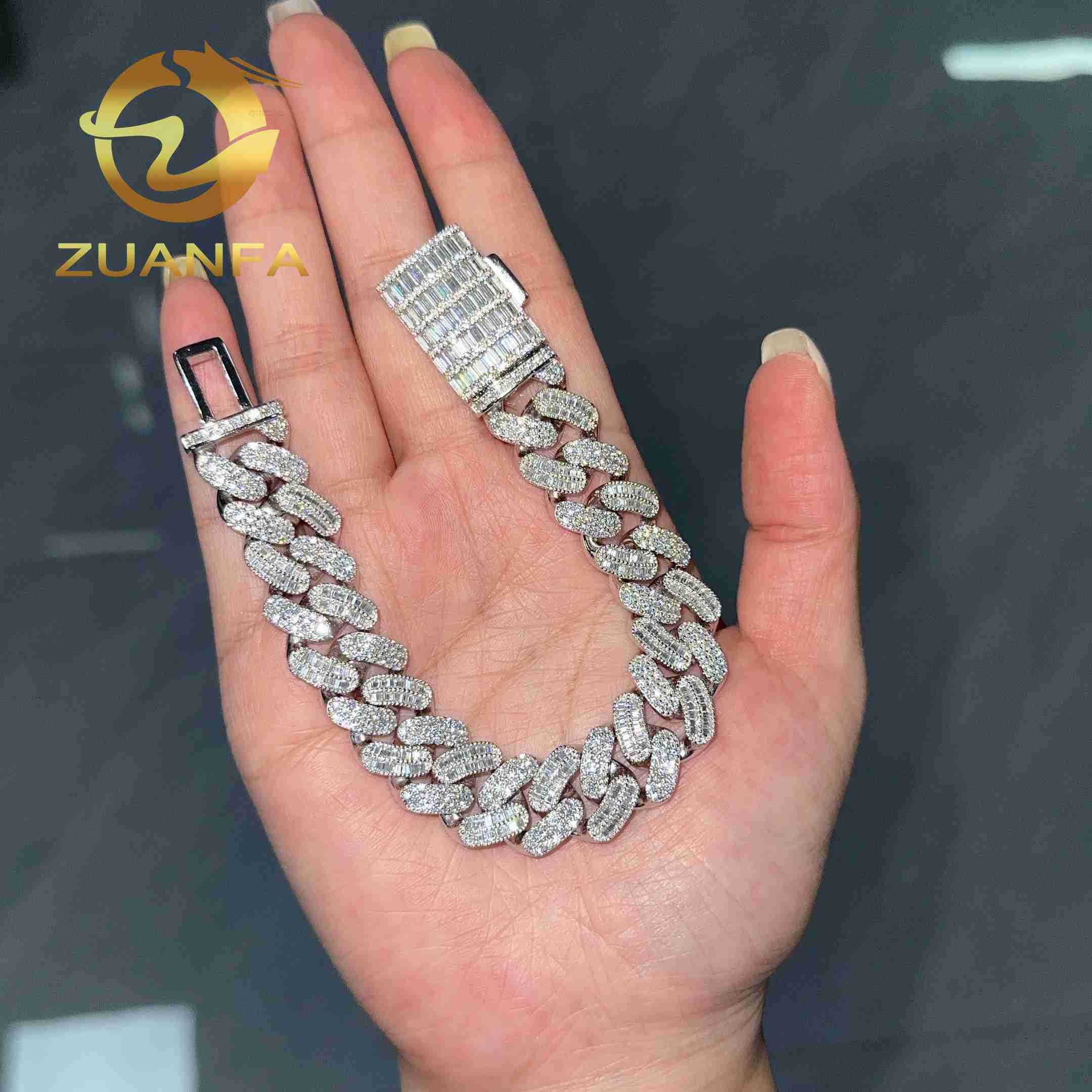 925 Silver 15mm Moissanite Cuban Link Bracelet Hip Hop Jewelry Round and Baguette Cut Iced Out Men Moissanite Bracelet