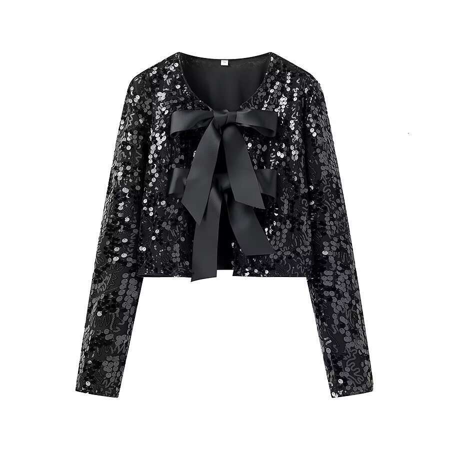 DHEssentials 2025 Summer New French Style Small Chanel Design Bow Tie Sequin Decorated Long Sleeve Top
