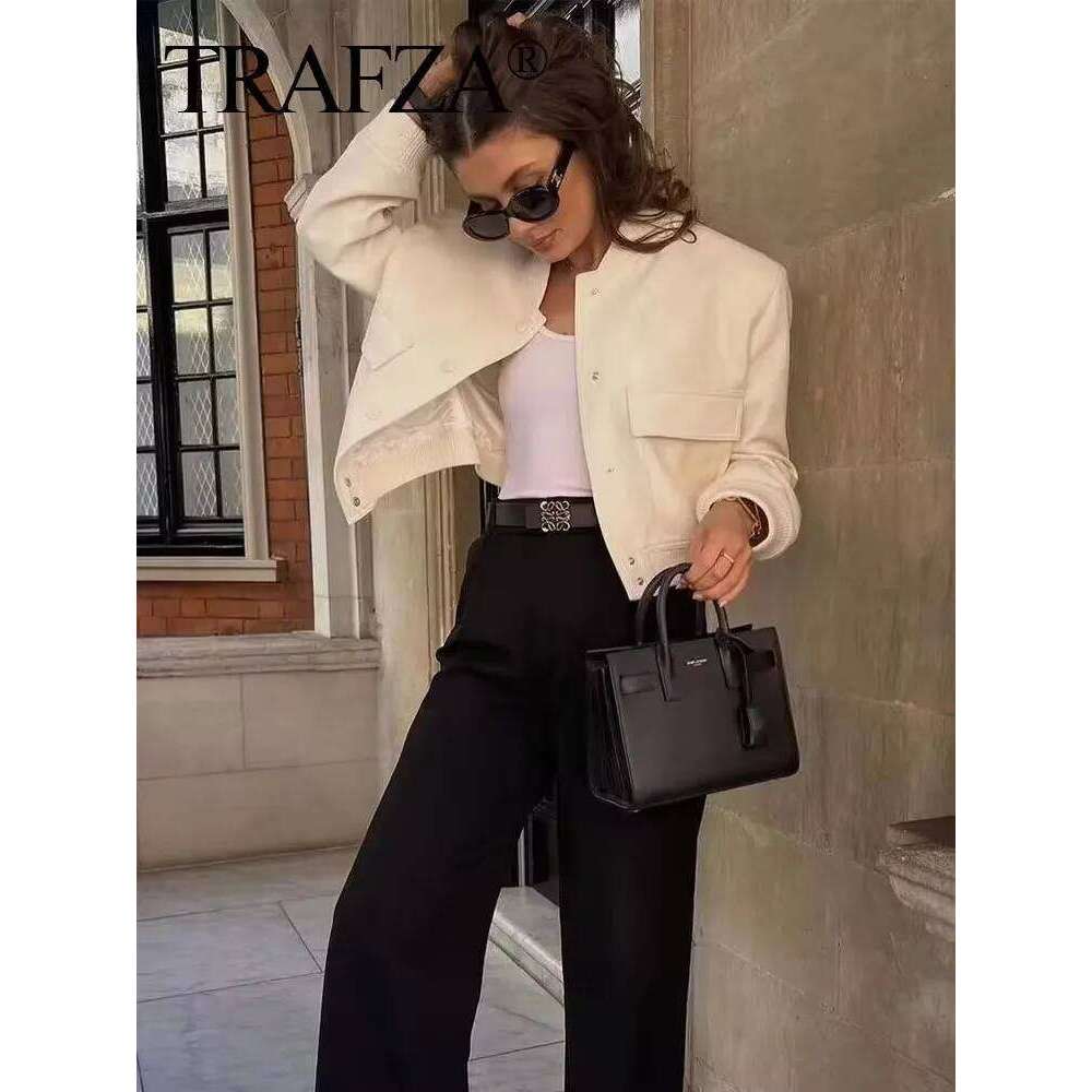 TRAFZA Women Elegant White Coat Long Sleeve Button Bomber Jacket Fashion Woman Casual Solid Office Lady Y2k Outerwear