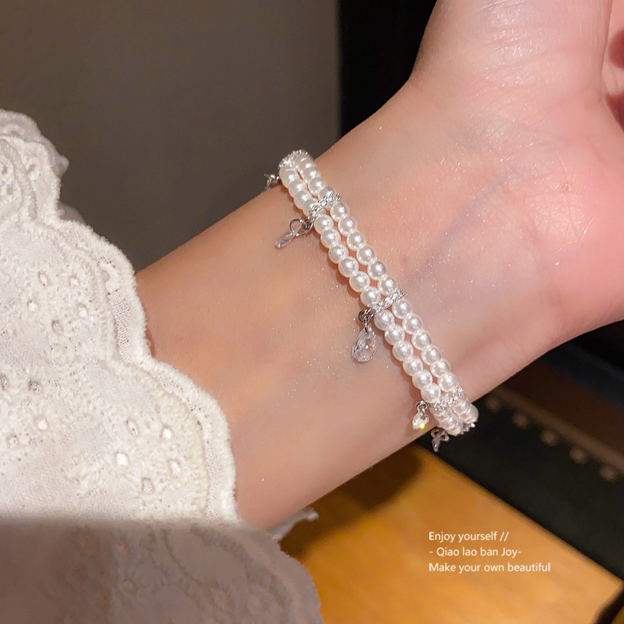 Silver - Toned Layered Pearl Bracelet With Teardrop Crystal Charms Delicate Daily & Elegant Jewelry Gift For Her Romantic And Timeless Accessory