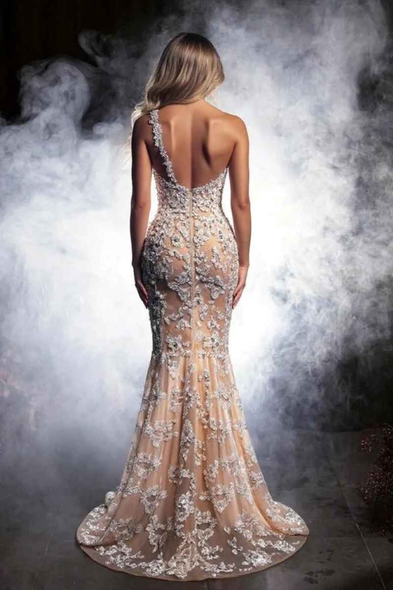 Luxurious Mermaid Evening Dress One Shoulder Lace Appliques Rhinestone Celebrity Party Vestidos De Gala Customized