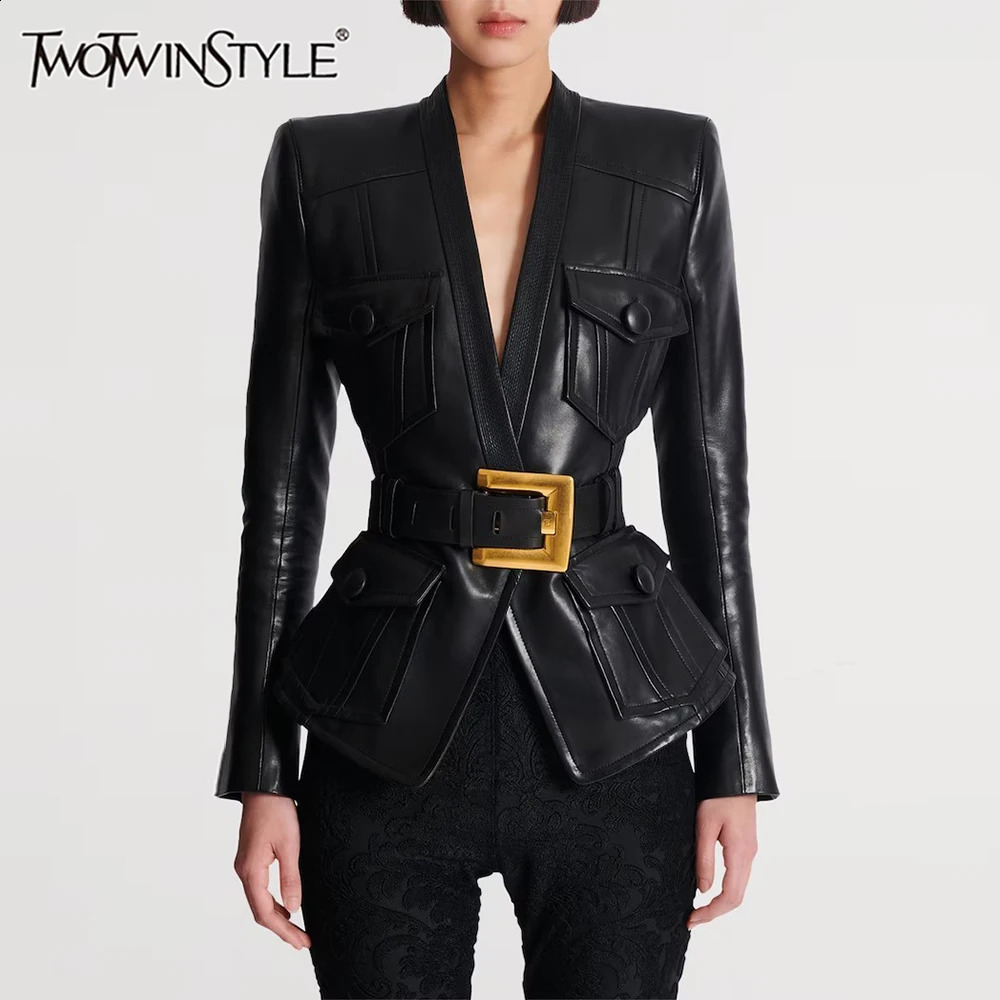 TWOTWINSTYLE Solid Slimming Spliced Pockets Temperament Jackets for Women V Neck Patchwork Button Fashion Jacket Female Clothing 250910