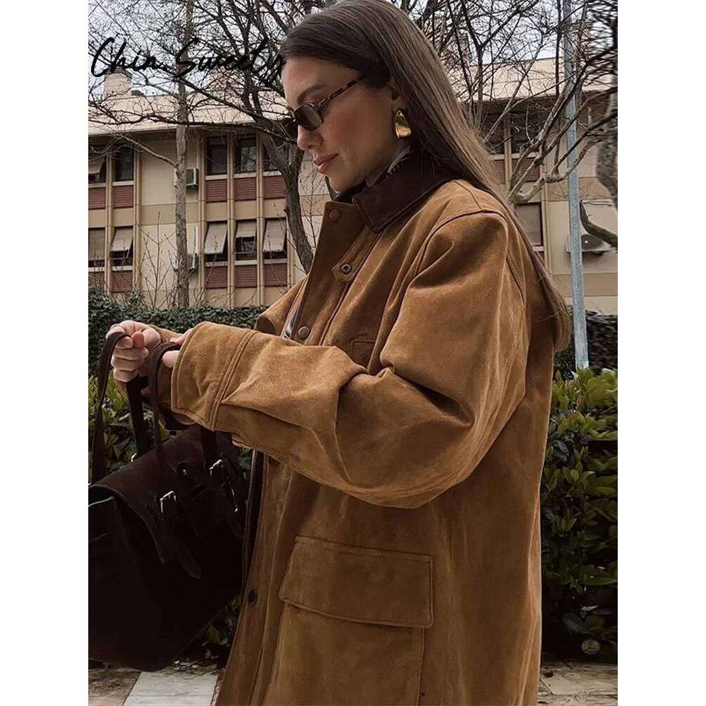 Vintage Patchwork Women Jacket Casual Lapel Long Sleeve Covered Button Female Coat 2025 Spring Autumn Urban Lady Streetwear