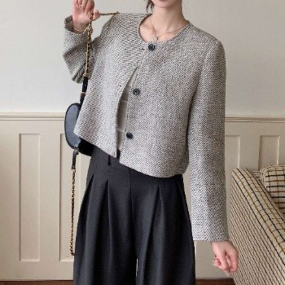 DHEssentials Round Neck Single-Breasted Plaid High-End Chanel-Style Women's Jacket 2025 Autumn New Elegant Socialite Short Coat