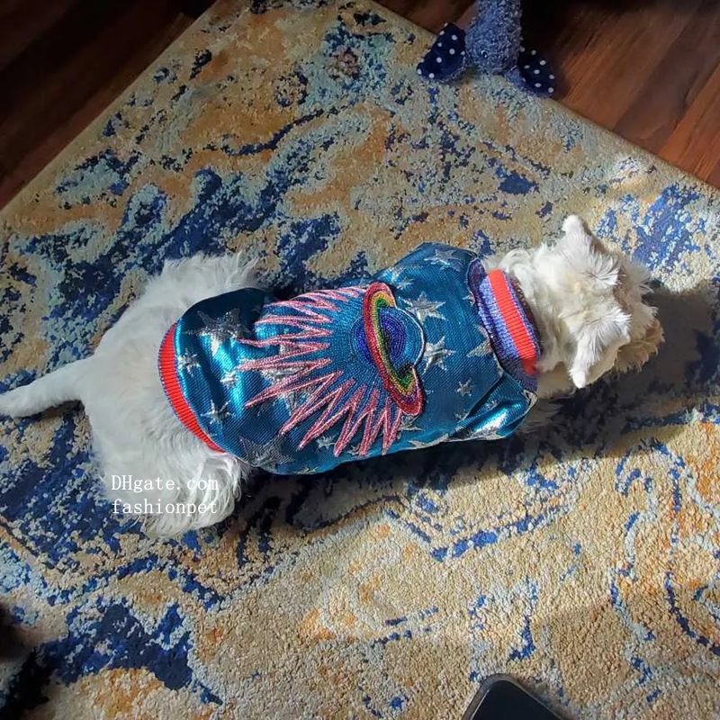 Designer Dog Clothes Superstar Retro Blue Dog Bomber Jacket, Snap Closure, Thick & Warm, 5 Sizes (S-XL) for Dogs 3-20kg, Ideal for French Bulldogs & A