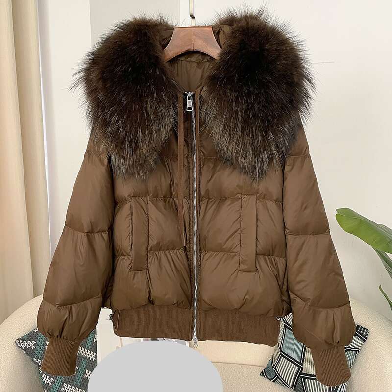 Clothing Oversized Raccoon Fur Collar Winter Women's Short Thickened White Duck Down Jacket Flat Coat