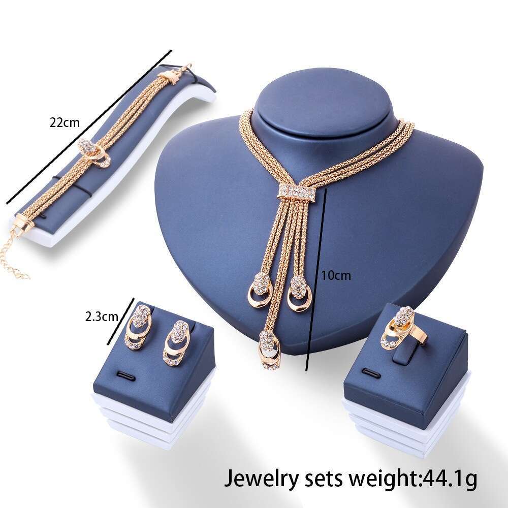 Hot Selling Gold-Plated Exaggerated Crystal Jewelry Creative Bride Inlaid Necklace Earrings Ring Four-Piece Set