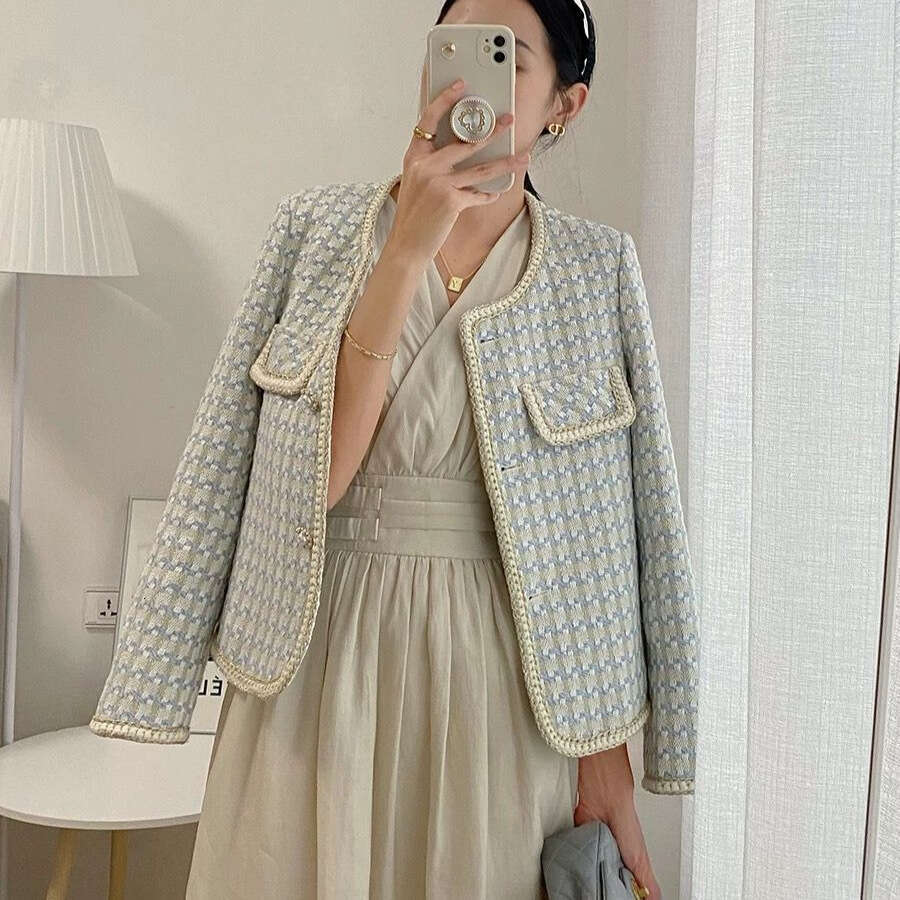 DHEssentials 2025 Autumn Winter New Houndstooth Chanel Style Loose Versatile Elegant Commuter Chic Tweed Jacket for Women
