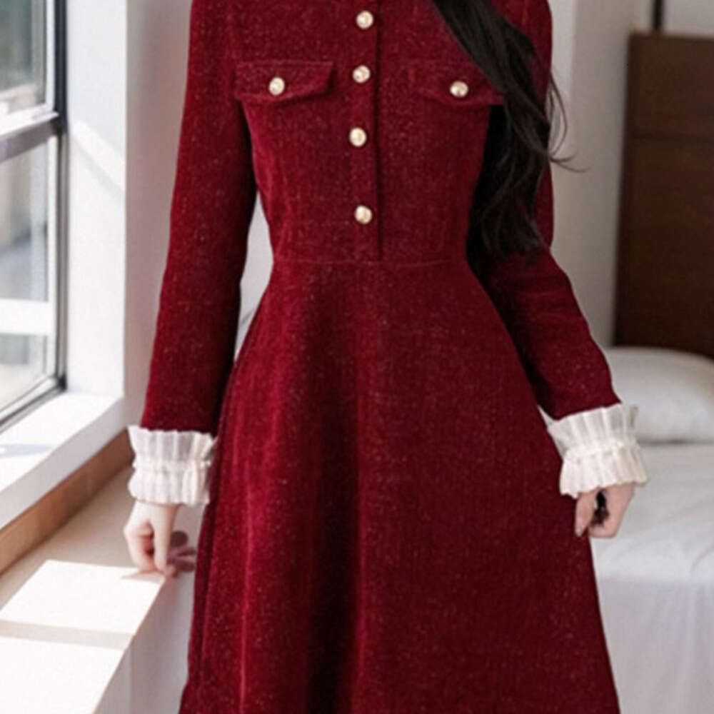 DHEssentials New Year Red Little Fragrance Style Dress for Women, Autumn and Winter Petite Party Dress, Light Luxury High-End Feel