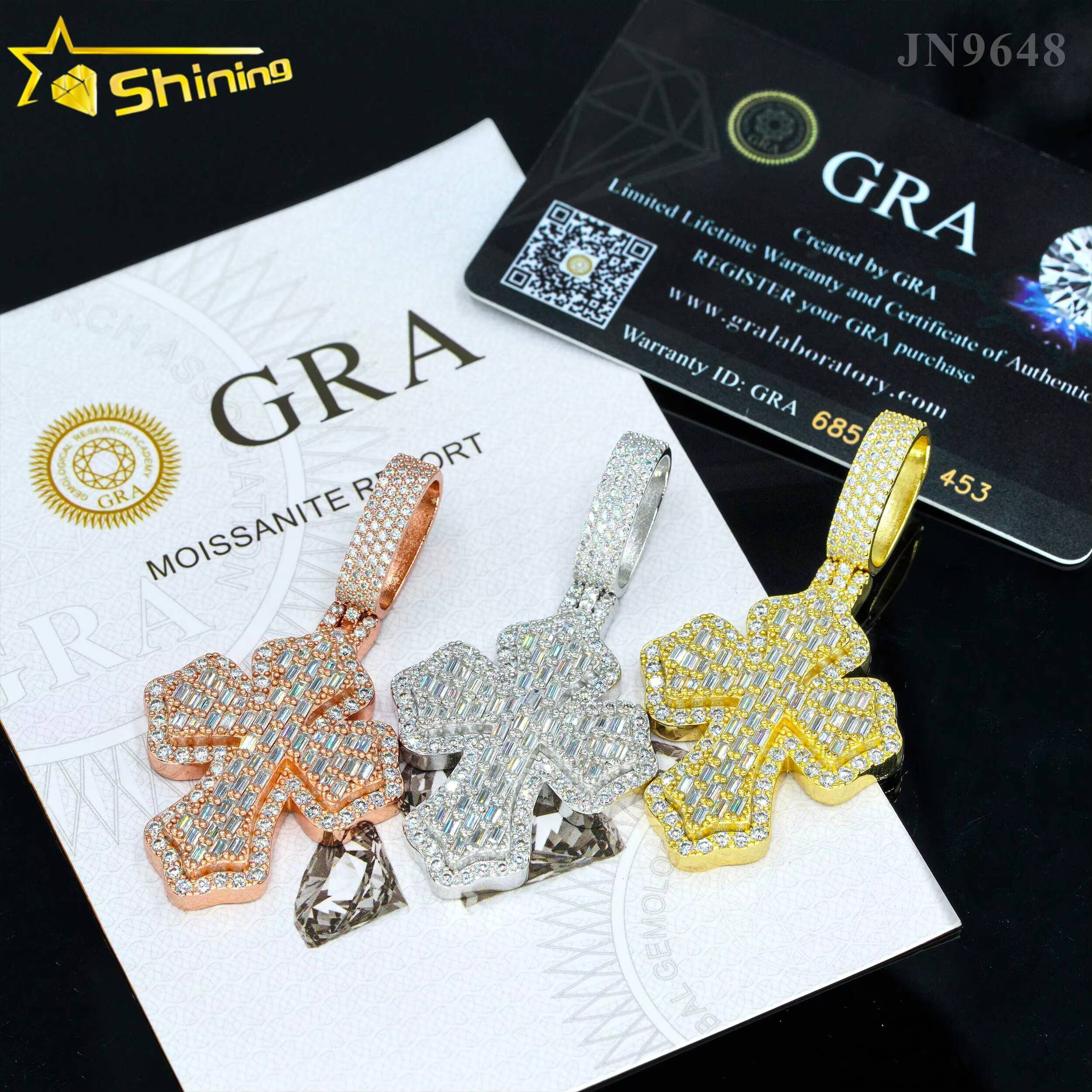 925 Silver Hip Hop Fully Iced Out Moissanite Cross Pendant Custom Gold Plated Baguette Moissanite Diamond Pendant Men Gifts