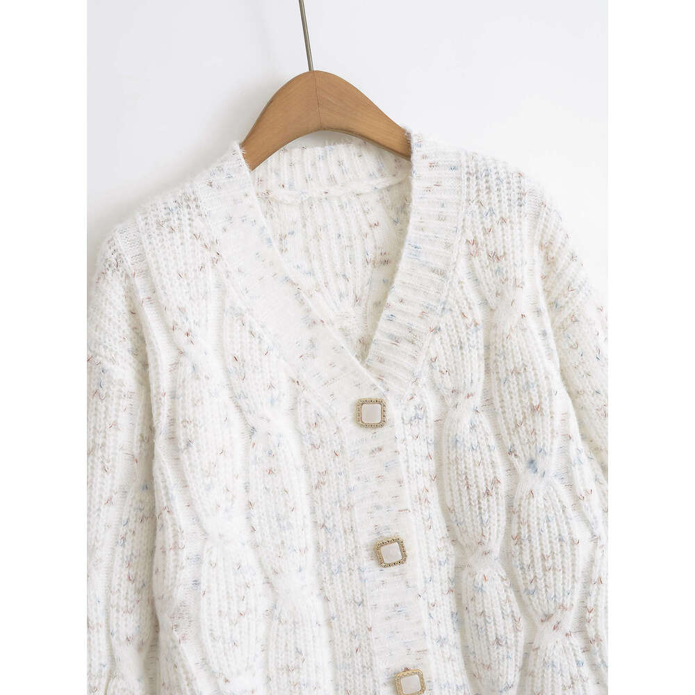 DHEssentials 2025 Autumn New Korean Style Braided Chanel-Style Knitted Cardigan V-Neck Beaded Lazy Petite Sweater Coat