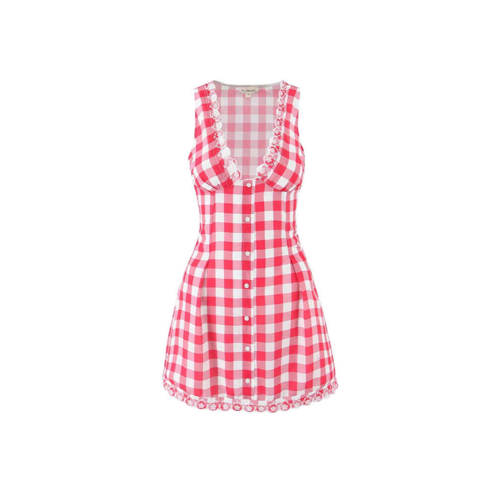 DHEssentials Summer Style Little Fragrance Hot Girl Sexy Backless Fashionable Short Plaid V-neck Halter Slim Waist Strap Dress