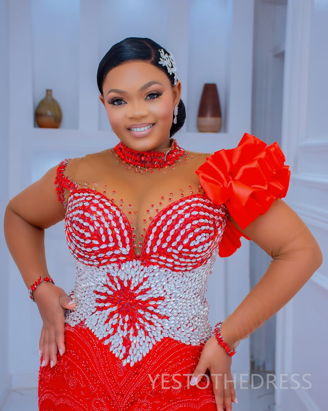 2025 Mermaid Plus Size Red Prom Dresses For Black Women Detachable Train Formal Gowns Beaded Lace High Neck Tiers Ruffles Birthday Second Reception Go