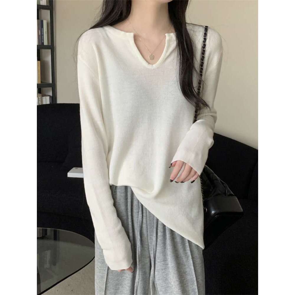 DHEssentials Autumn V-Neck Knitted Sweater Long Sleeve T-Shirt for Women Loose Slimming Base Shirt Little Chanel Style Sweet Versatile Top
