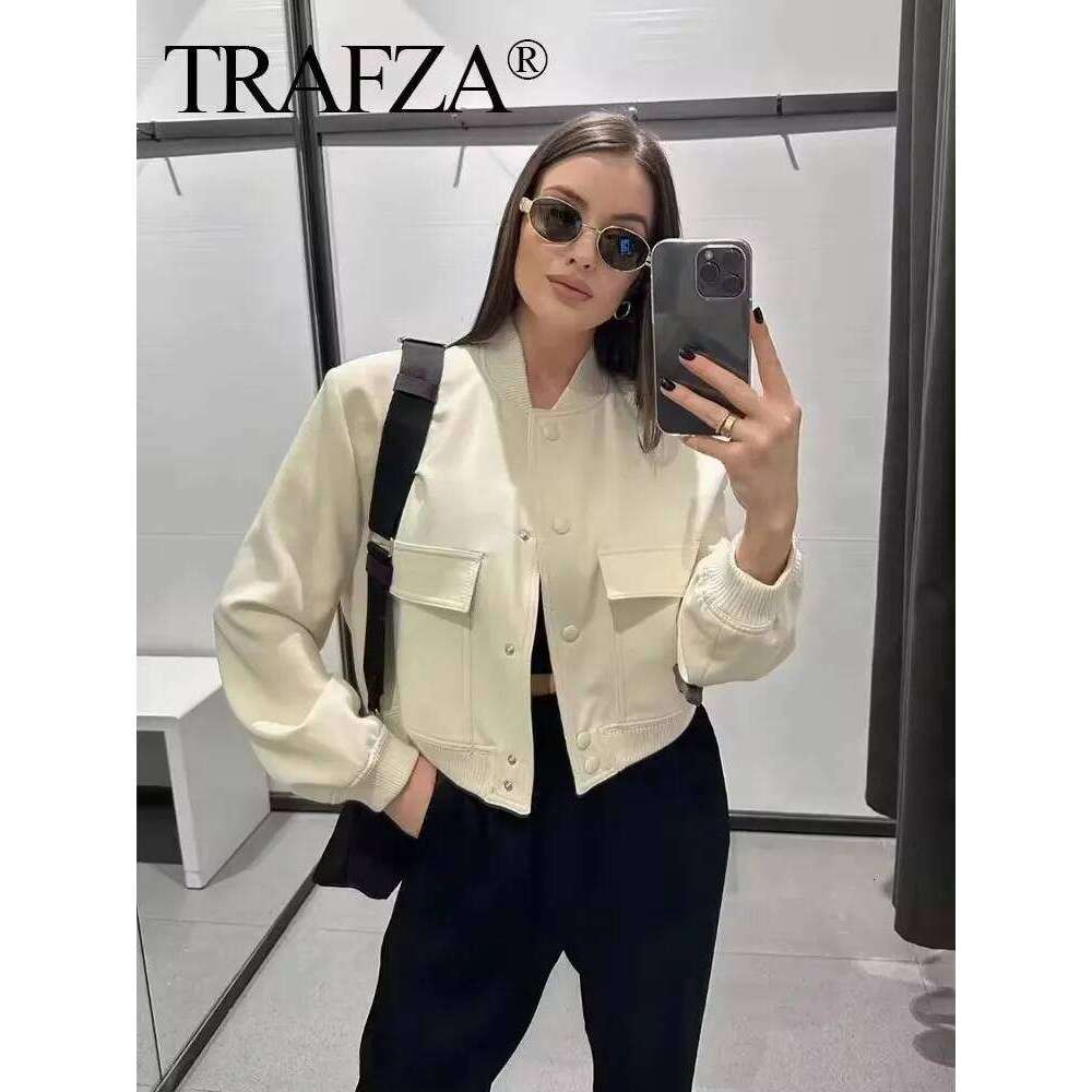 TRAFZA Women Elegant White Coat Long Sleeve Button Bomber Jacket Fashion Woman Casual Solid Office Lady Y2k Outerwear