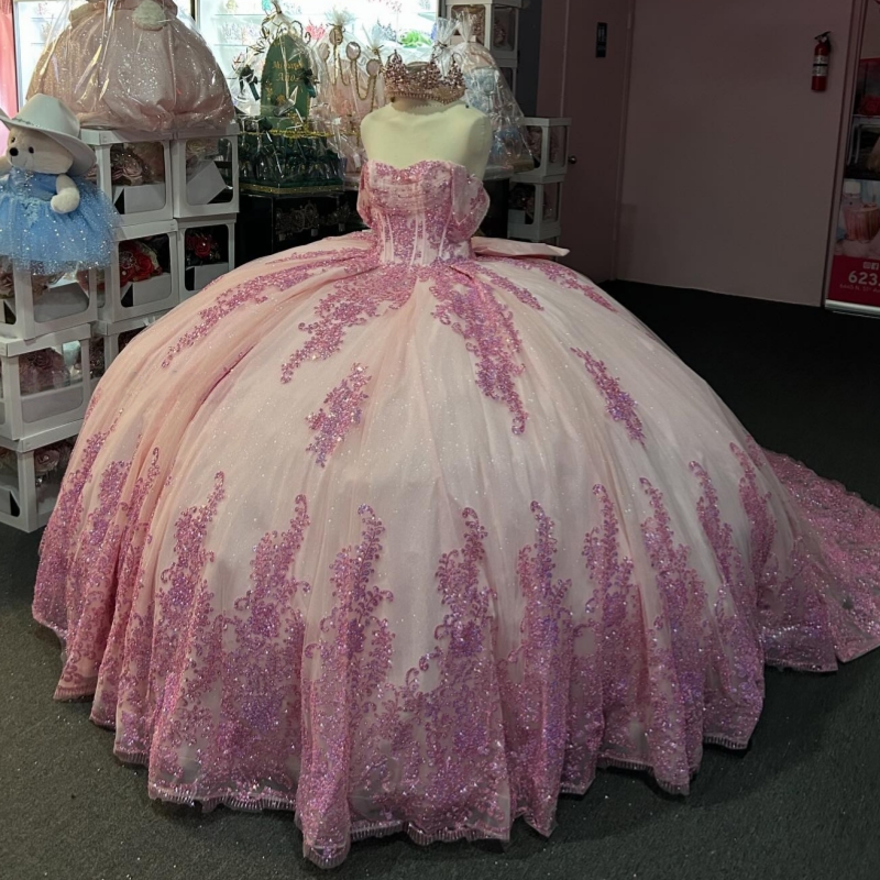 Pink Shiny Ball Gown Quinceanera Dresses Off Shoulder Sequin Applique Lace Beads Bow Tull Party Birthday Sweet 16 Dress Vestidos 15 De Anos