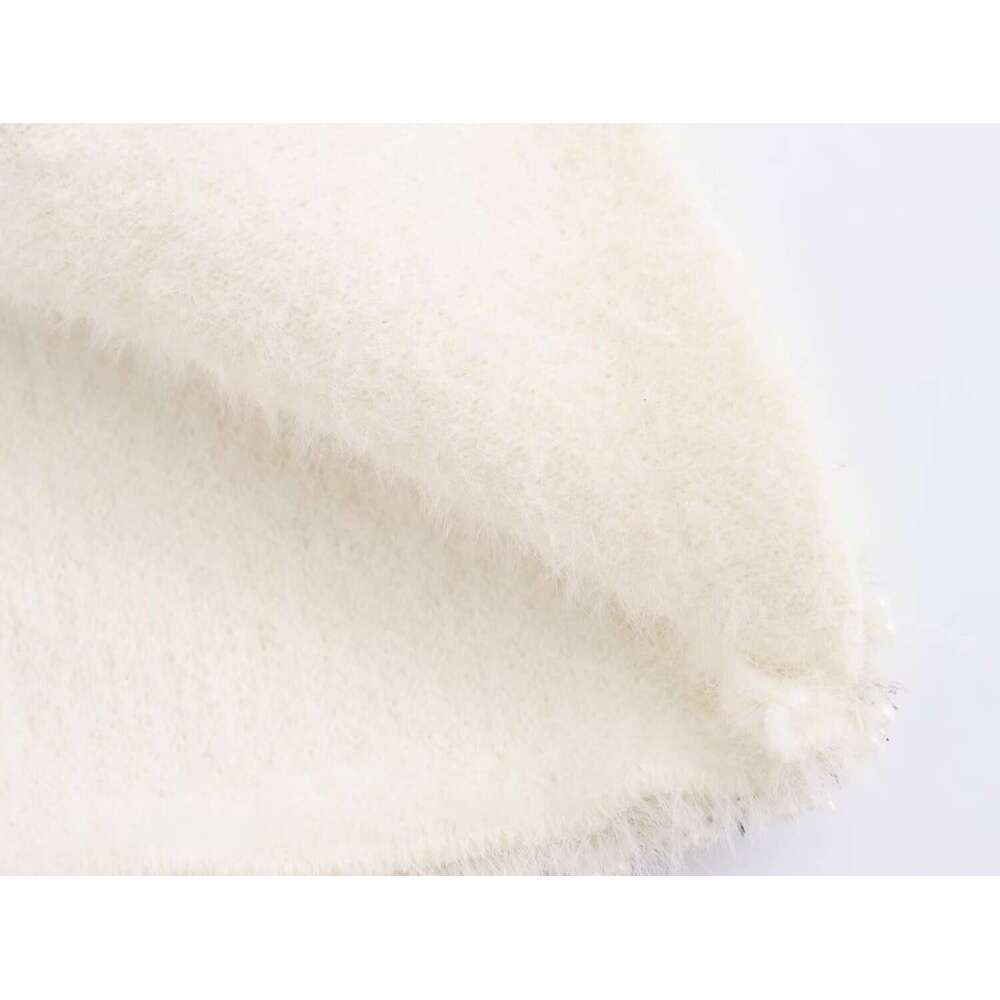 DHEssentials 2025 Autumn New French Style Gentle Pearl Shiny Lace Trim Knitted Cardigan Sweater