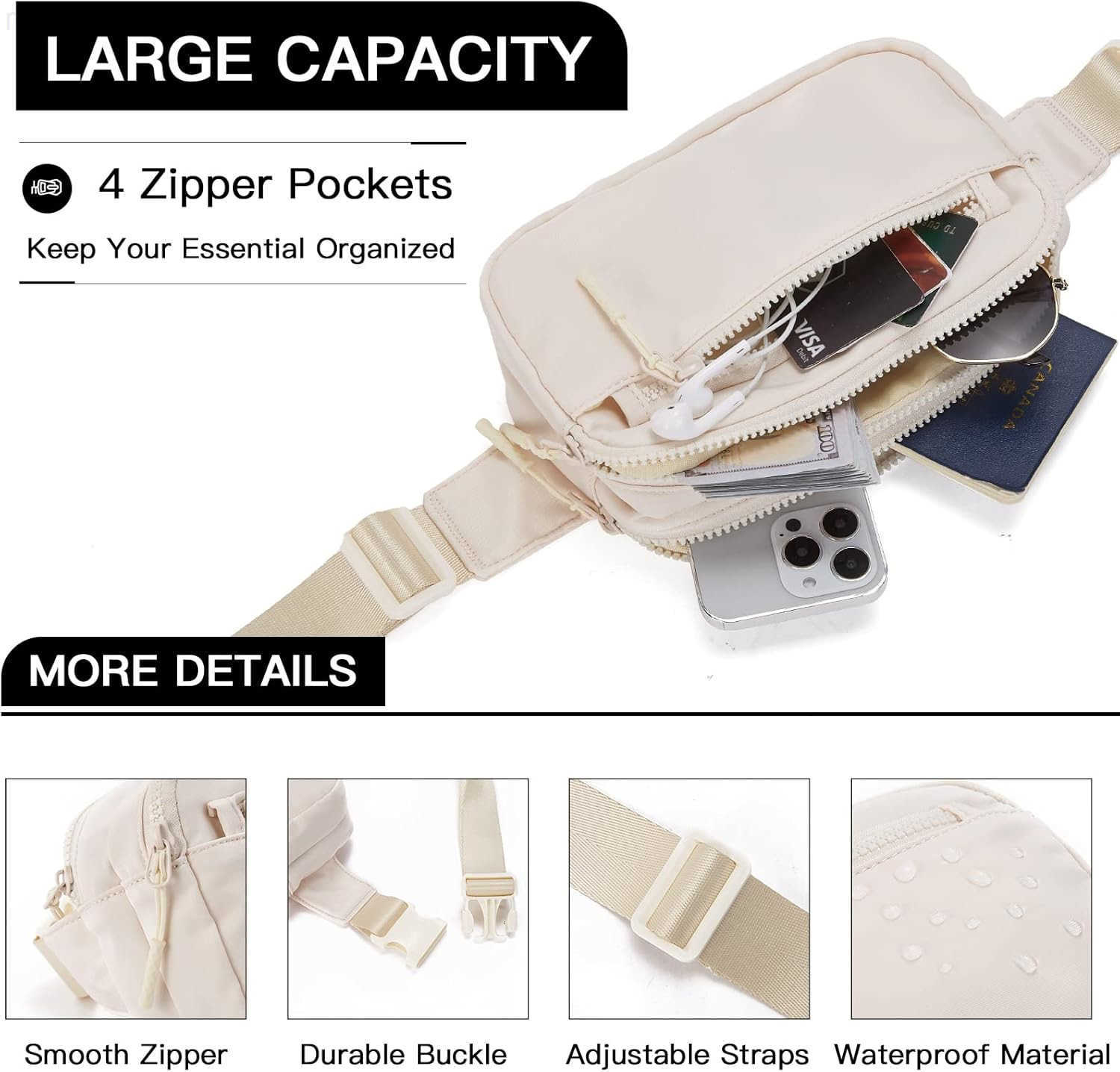 Fanny Packs for Women Men Fashionable Cross Body Belt Bag with Adjustable Straps BeigeW250912