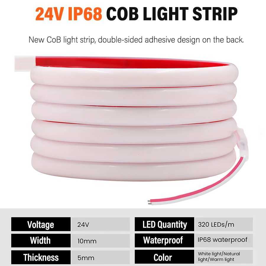 Waterproof IP68 COB LED Strip 24V Neon Light Underwater 12V 320Ledsm Flexible Ribbon Tape RA90 Lighting 3000K4000K 6000K C250912