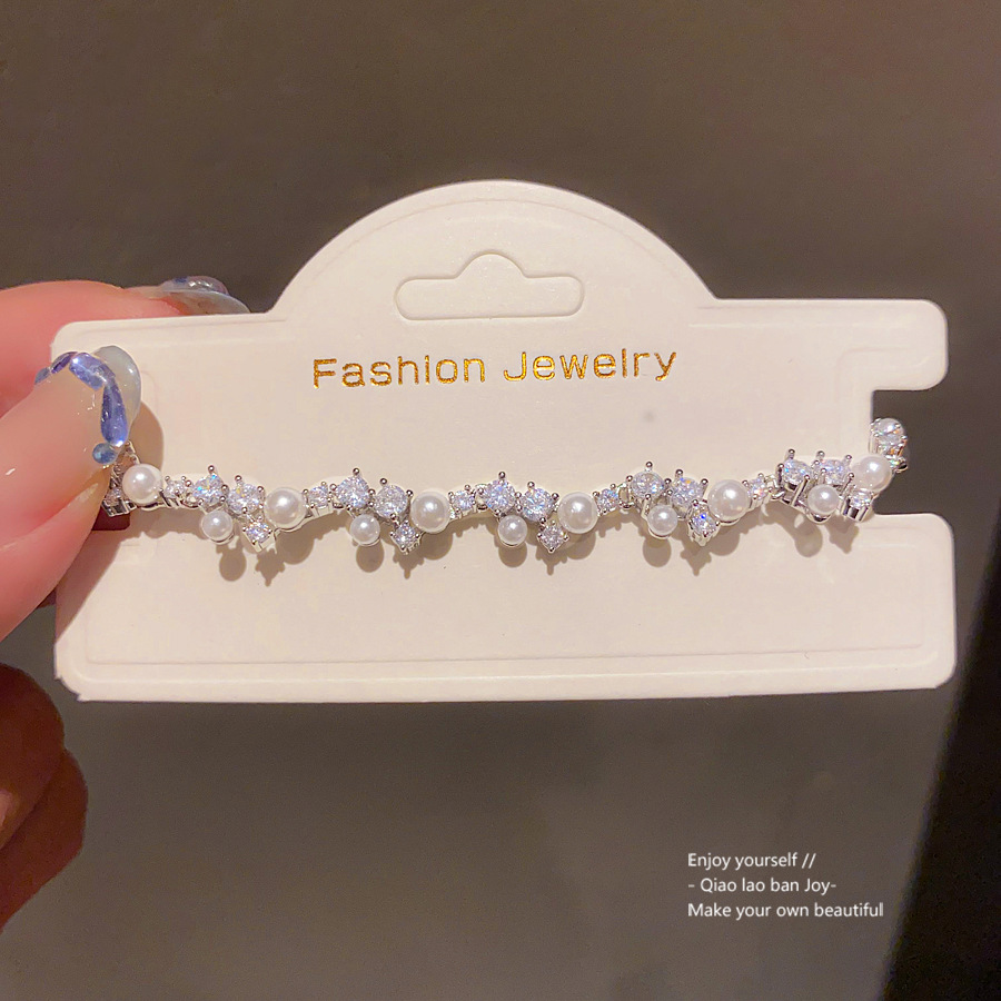 Silver - Toned Bracelet With Pearl And Rhinestone Cluster Accents Delicate Daily & Elegant Jewelry Gift For Her Dainty And Sparkling Accessory