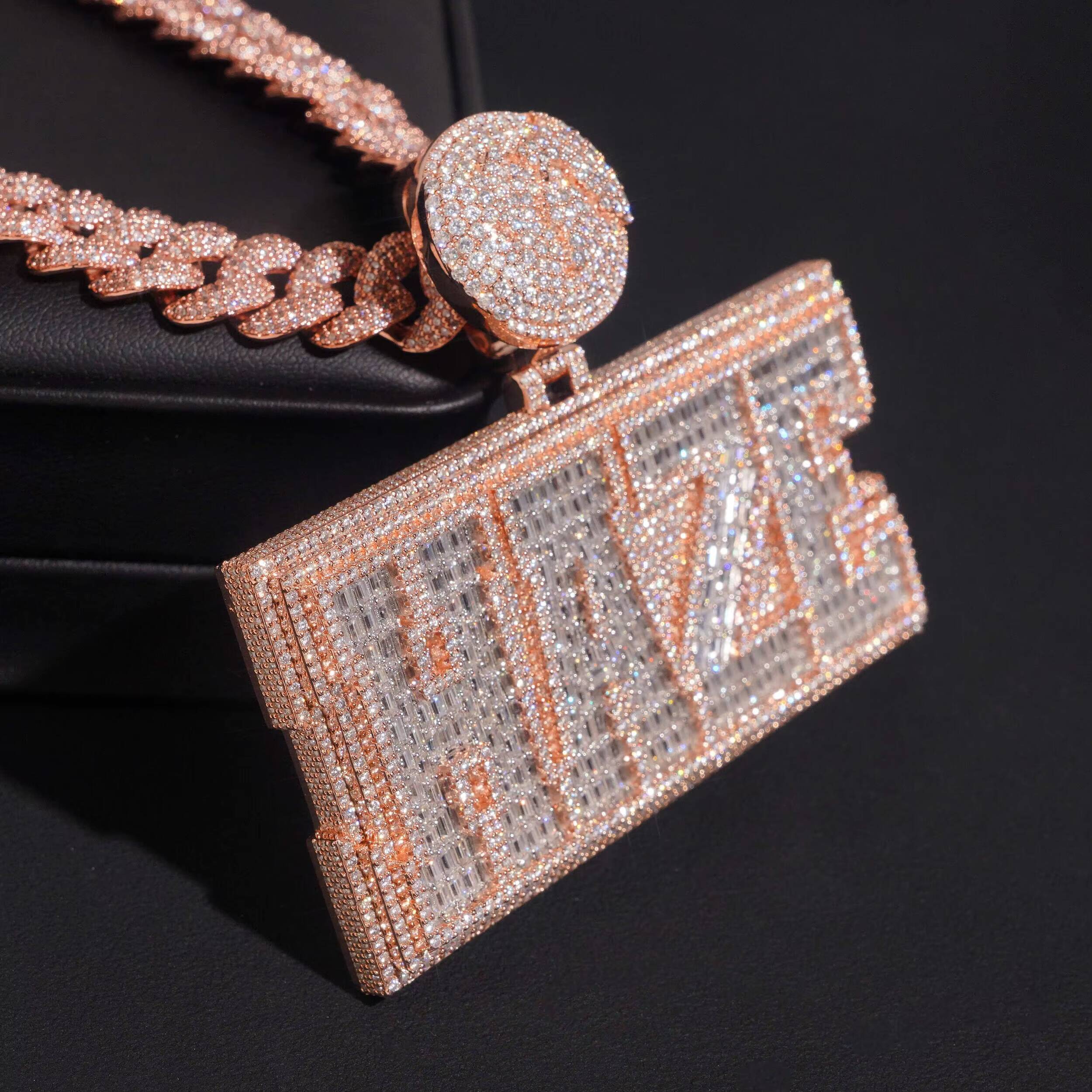 Rose Gold VVS Moissanite Diamond Baguette Name Pendant With Memory Photo on Back