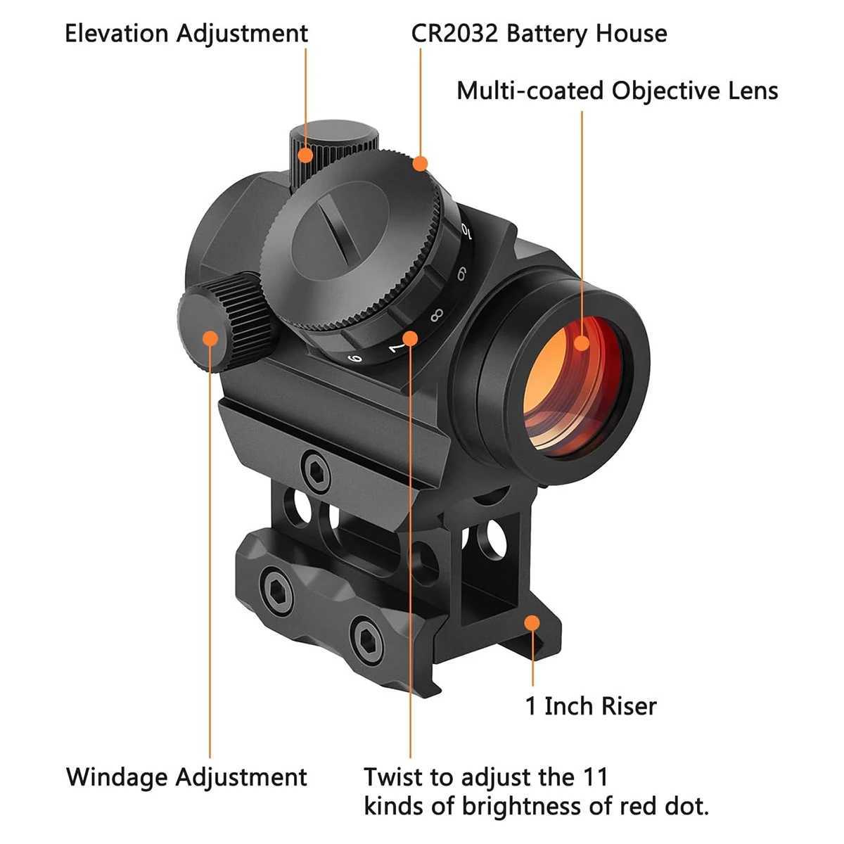 2MOA Red Dot Sight 1x25mm Reflex Sight Waterproof Shockproof FogProof Red Dot Scope with 1 inch Riser Mount W250912