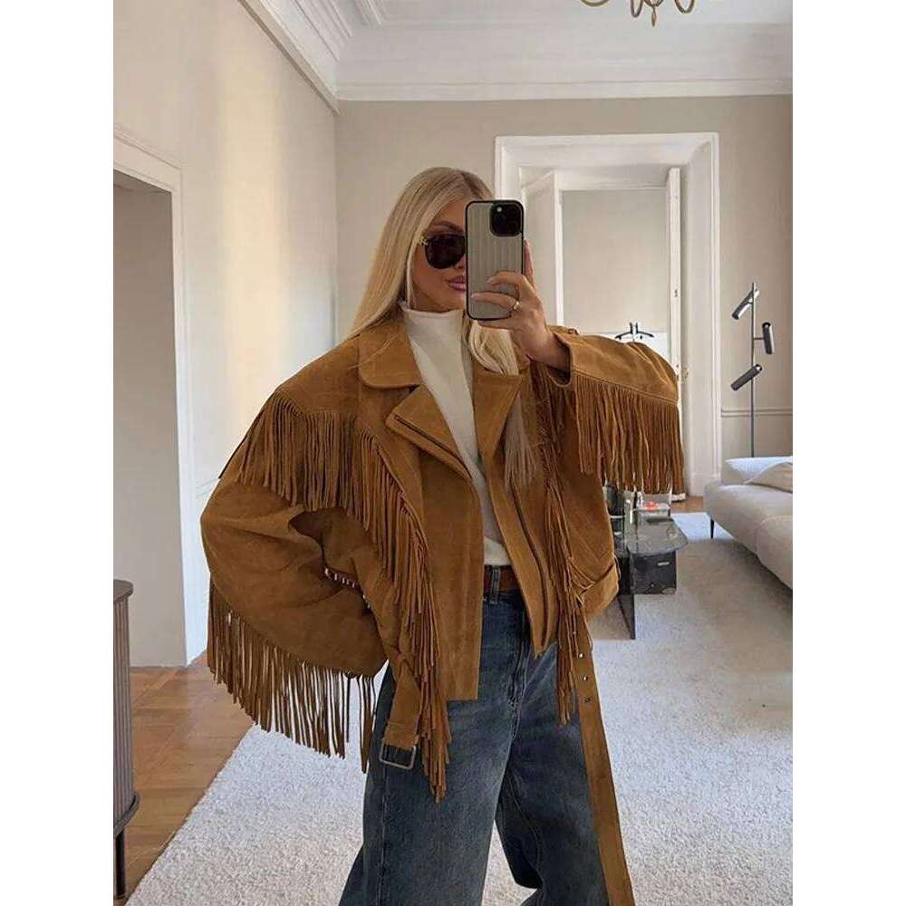 Solid Tassel Suede Leather Jacket Retro Women's Lapel Long Sleeve Short Cropped Coat 2025 Female Motorcycle Street Outwear New