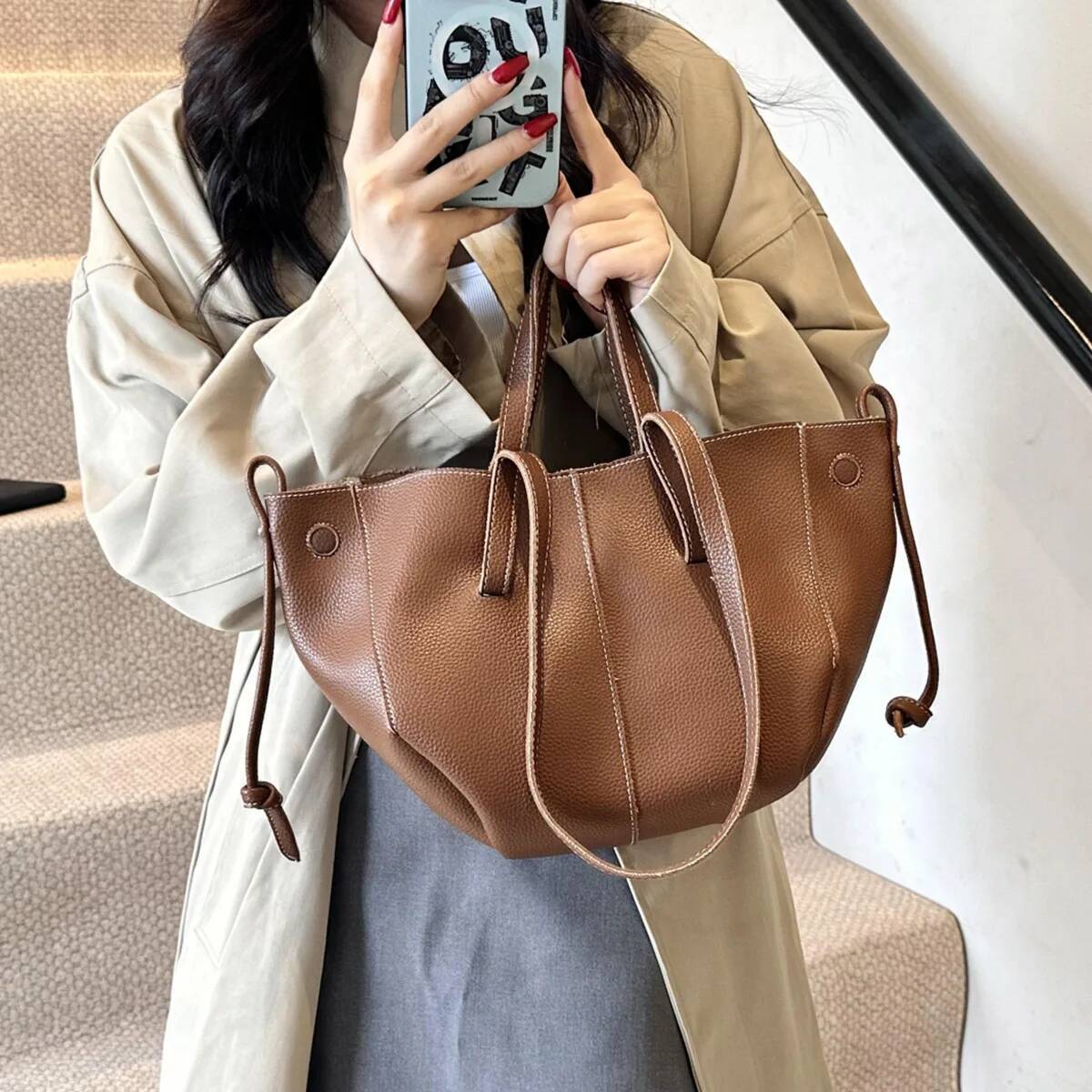 Large Capacity Leather Women s Commuting Bag Shopping Travel Bag Lychee Pattern Solid Color Simple Style Women s Shoulder Bag Versatile Handbag