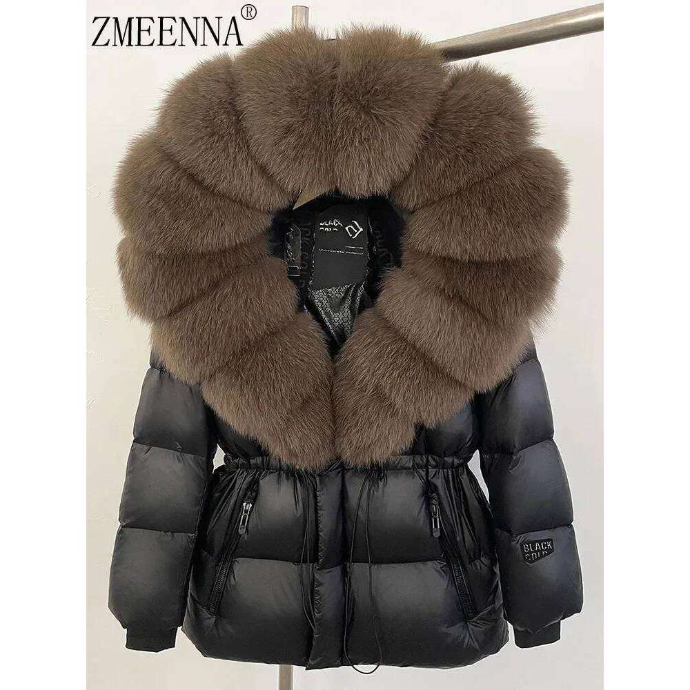 ZMEENNA Women's Black Puffer Down Jacket With Oversized Real Fur Hood Winter Warm Coat Luxurious Quilted Outerwear Zm3375